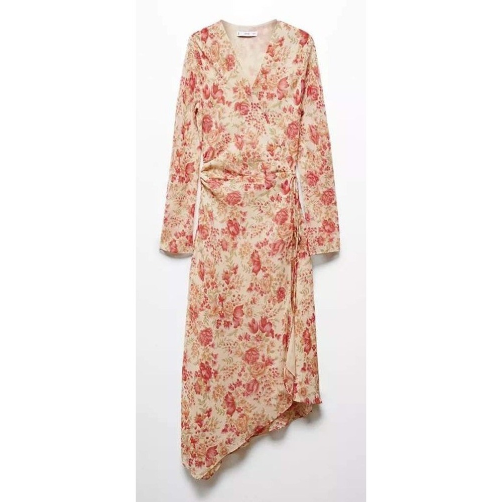 MNG Mango Women's sheer wrap floral‎ dress asymmetrical hem boho cottage 12